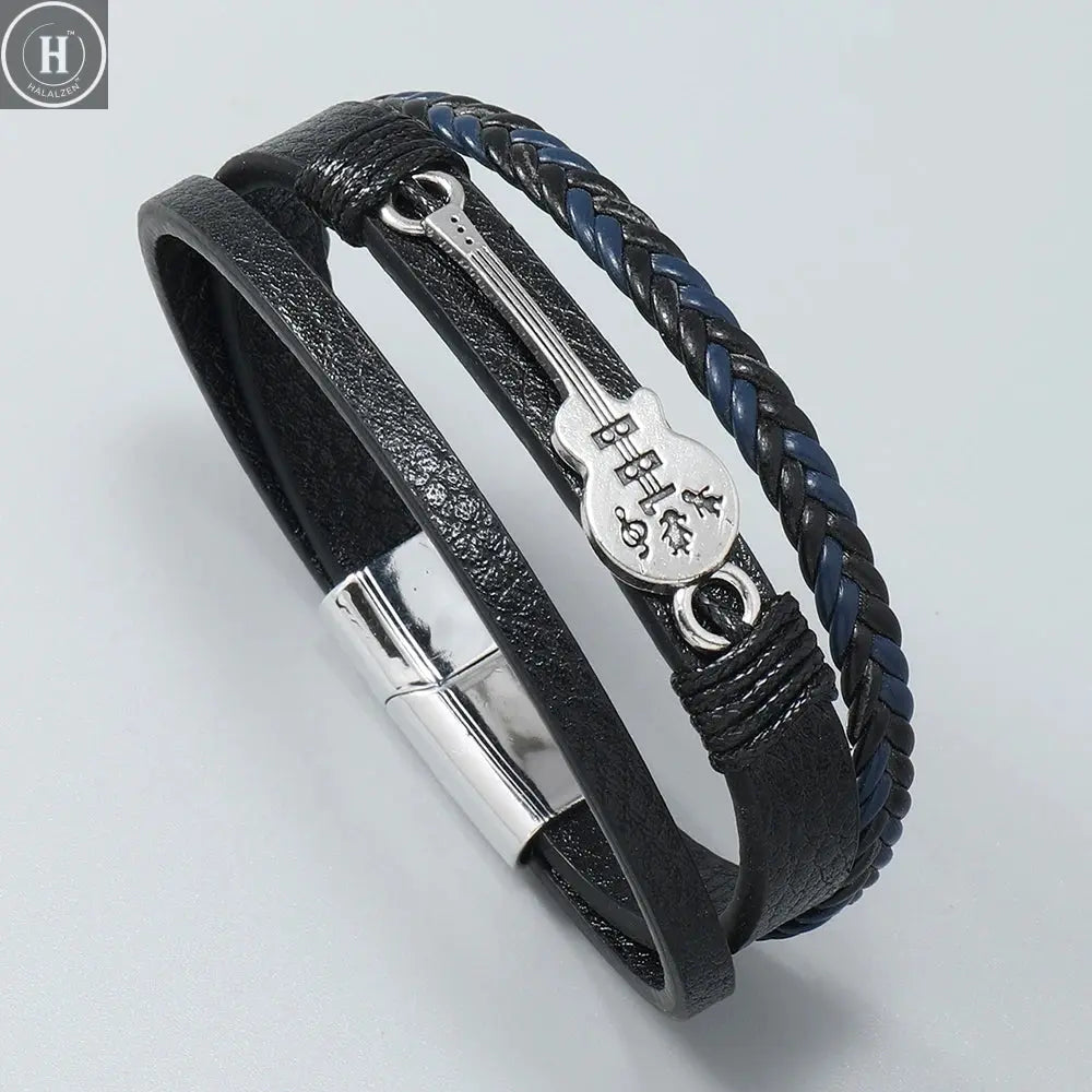 Hip-hop rock jewelry bracelets bangles fashion guitar PU leather bracelet for men HALALZEN
