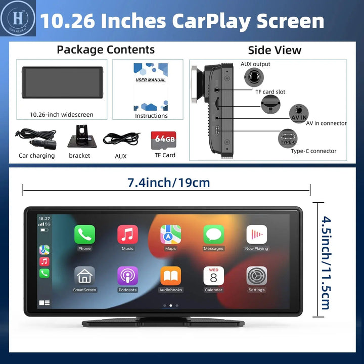 Portable Wireless Carplay Car Stereo, 10.26" inch HD Touchscreen for Car with CarPlay & Android Auto with Mirror Link/Backup Cam HALALZEN