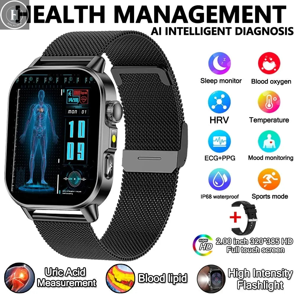 2026 New Model Uric Acid & Lipid Health Analysis Smart Watch Men ECG+PPG Bluetooth Call 2.01-inch Flashlight Smartwatch Women HALALZEN