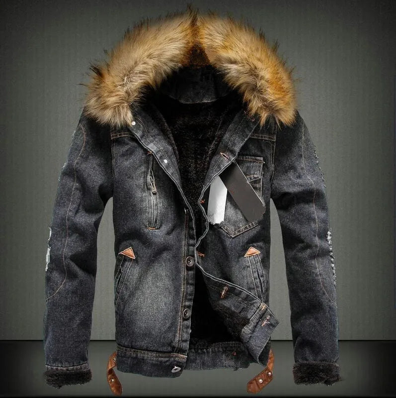 2026 New Men's Winter Denim Jacket with Fur Collar – Thick Warm Fleece Lined Jean Coat, Vintage Washed Blue Cotton Overcoat.