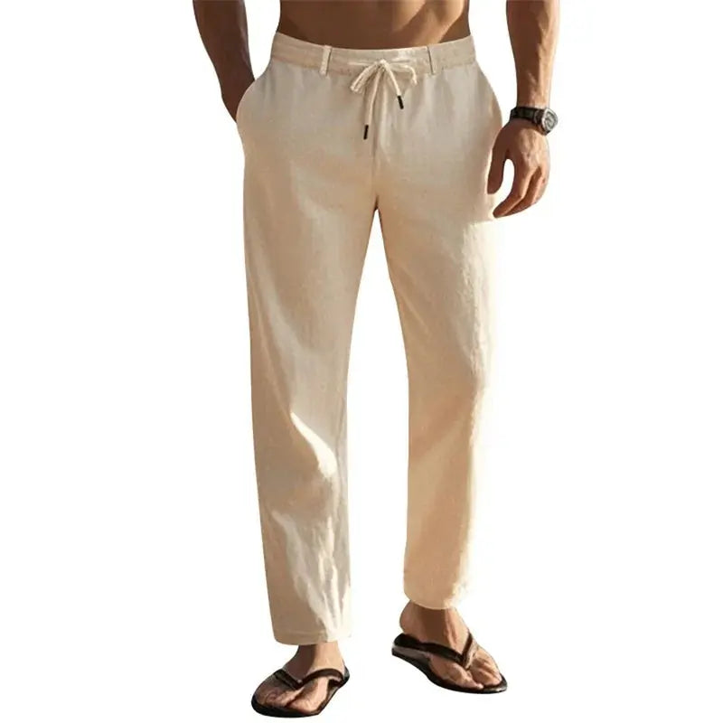 Men s Lightweight Drawstring Linen Pants with Pockets Comfortable Straight Leg Casual Trousers for Summer Beach Wear Halalzen UK