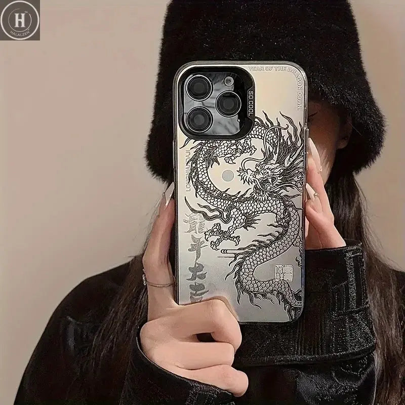 iPhone17 16 15 14 13 12 11Plus Pro Max case, high-end black and white dragon pattern print Halalzen UK