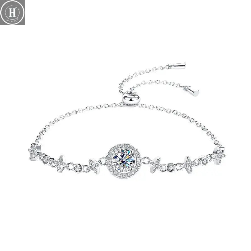 JH 925 Sterling Silver Moissanite Bracelet For Women Adjustable Starry Sky Bracelet Round Cut 1CT Fine Jewelry Lab Gemstone HALALZEN