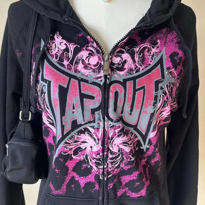 Y2K 2000s Tapout Pink & Black Grunge Angel Wings Spellout Zip Up Hoodie - Large