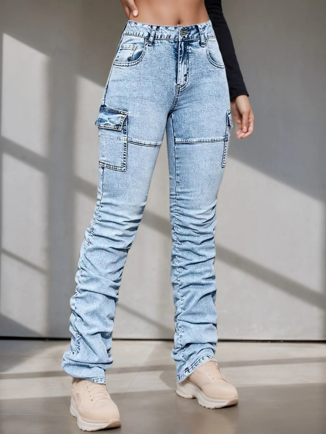 New Women's High Waisted Elastic Multi Pocket Workwear Jeans, Street Fashion Casual Slim Fit Stacking Pants
