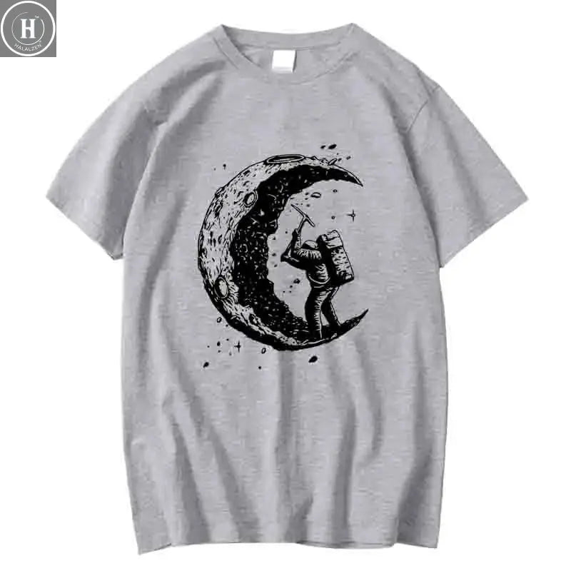 Men's High Quality 100% Cotton Moon Print Casual Summer Cool Short Sleeve Men Tshirt Loose t-shirt Male Tee Shirts Male Tee Tops HALALZEN
