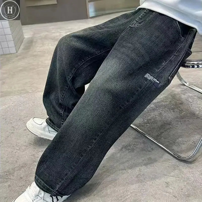 Boys Warm Plush Jeans Autumn Winter Straight Loose Fit Casual Trousers Kids Fashion Streetwear Denim Pants 5-14 Years HALALZEN