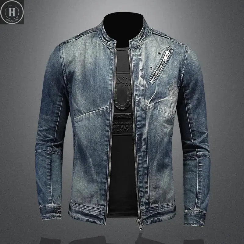 Autumn and Spring Style Trendy American Vintage Straight Leg Motorcycle Denim Jacket Men's Loose Sports Plus Size High-End Outer HALALZEN