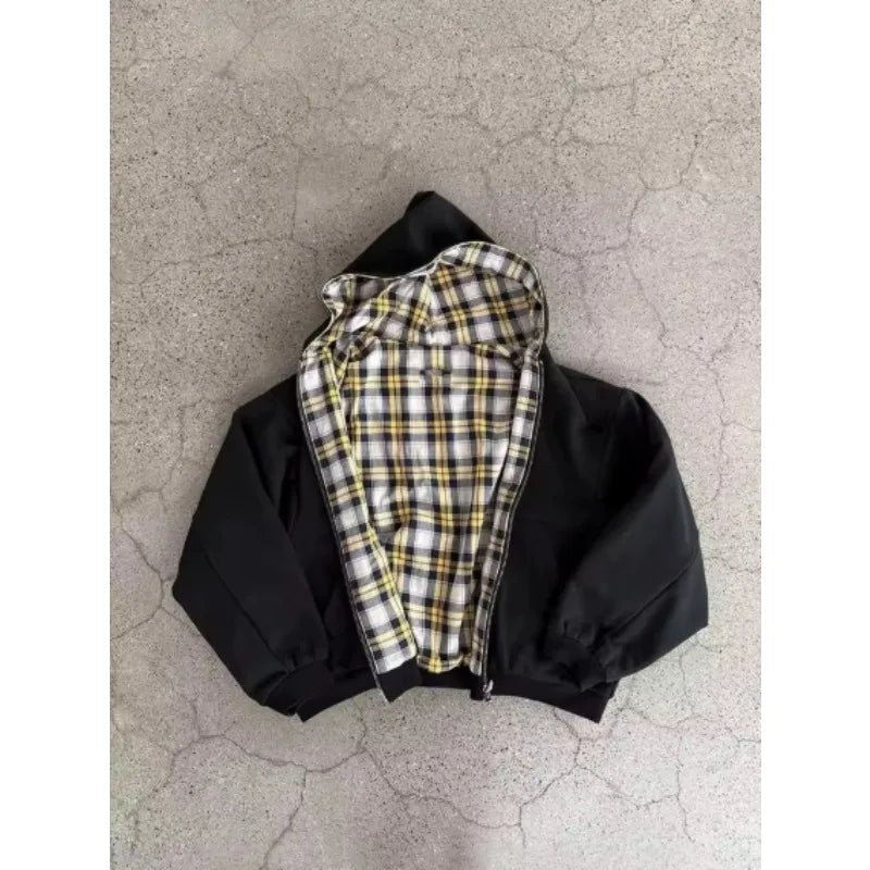 Casual Retro High Street Plaid Zipper Hoodie Women American Y2k Harajuku Fashion Brand Clothing Casual Oversized Sweatshirt Men