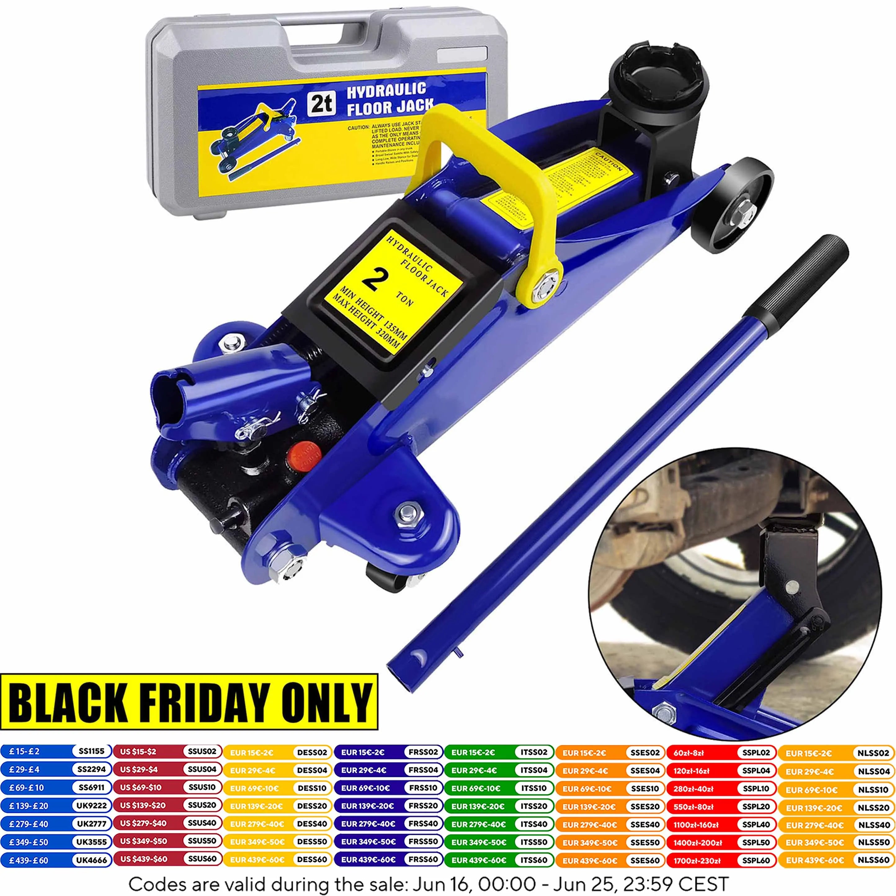 PRO. 2 Ton Hydraulic Trolley Steel Jack,Flat Lifting Height 135-320 mm, 360° Wheels Car Lifter Axle Stand for Workshop Home