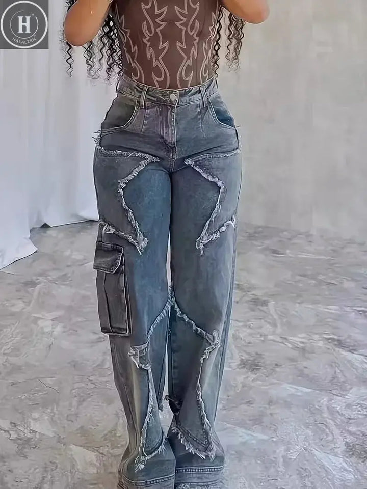 Stretch High Waist Jeans] High Waist Stretch Jeans - Women's Loose Straight Jeans with Star Embroidery Raw Edge Washed Halalzen UK