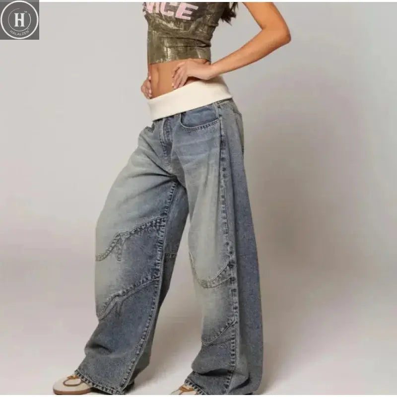 Y2K Hip-hop Stitching Fashion Joker Retro Jeans Female Korean Casual Simple Dress Essential Wide-leg Pants Loose  Joker Overalls Halalzen UK