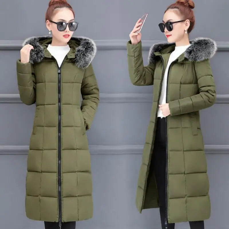 Fashion Warm Hooded Winter Coat Women Fur Collar Jacket Casual Bisic Coats Female Lady Lengthen Thickening Waterproof Slim Parka