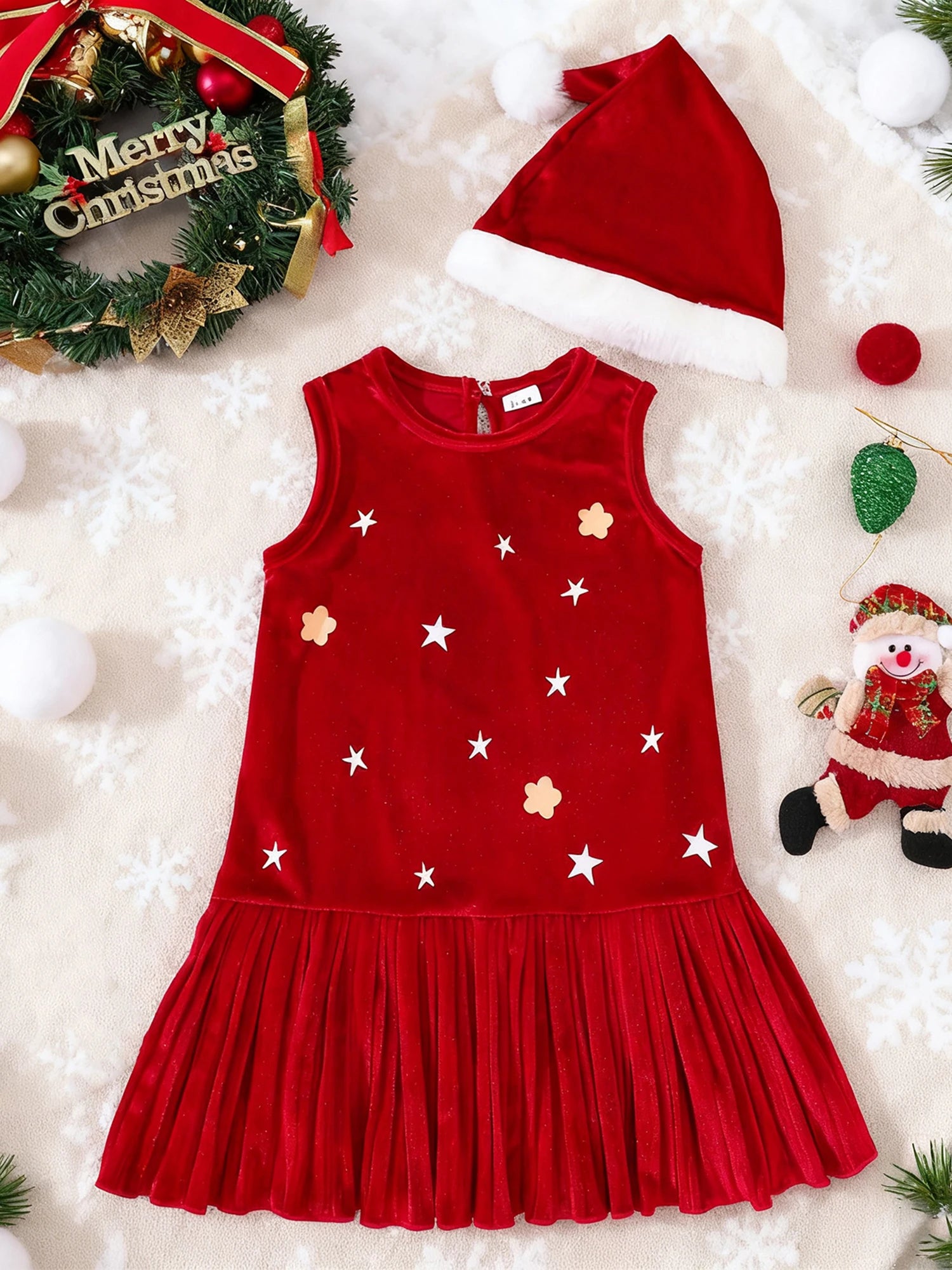 Cute Baby Girl Winter Dress Snowflake Print Round Neck Long Sleeve Velvet Dress with Matching Headband Set for Christmas