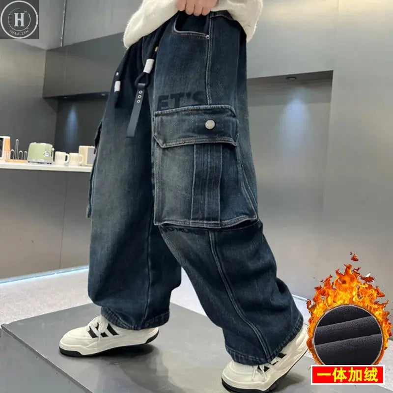 School Boy Winter Insulated Cargo Jeans Children's Warm Fleece Lined Stretch Straight Trousers For Kids Thermal Denim Pants 4-14 HALALZEN
