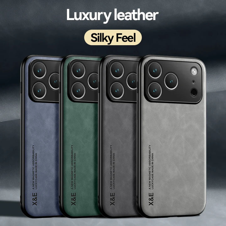 Luxury Leather Case For iPhone 17 16 15 14 13 12 11 Pro Max Plus 13 12 Mini 17 Air 16E Cover With Metal Plate Support Car Hold