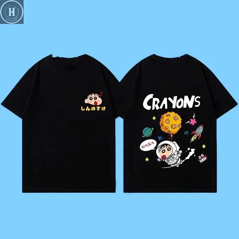 Miniso New Summer Cotton Cartoon Crayon Shin-chan Print T-Shirt Unisex Street Style Summer Fashion Casual Crew Neck Cotton Top HALALZEN