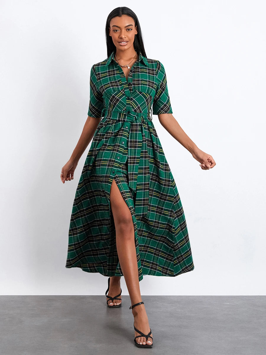 Women Christmas Shirts Dress Plaid Turn-Down Collar Half Sleeve Dress Fashion Button-Down Holiday Dress with Belt