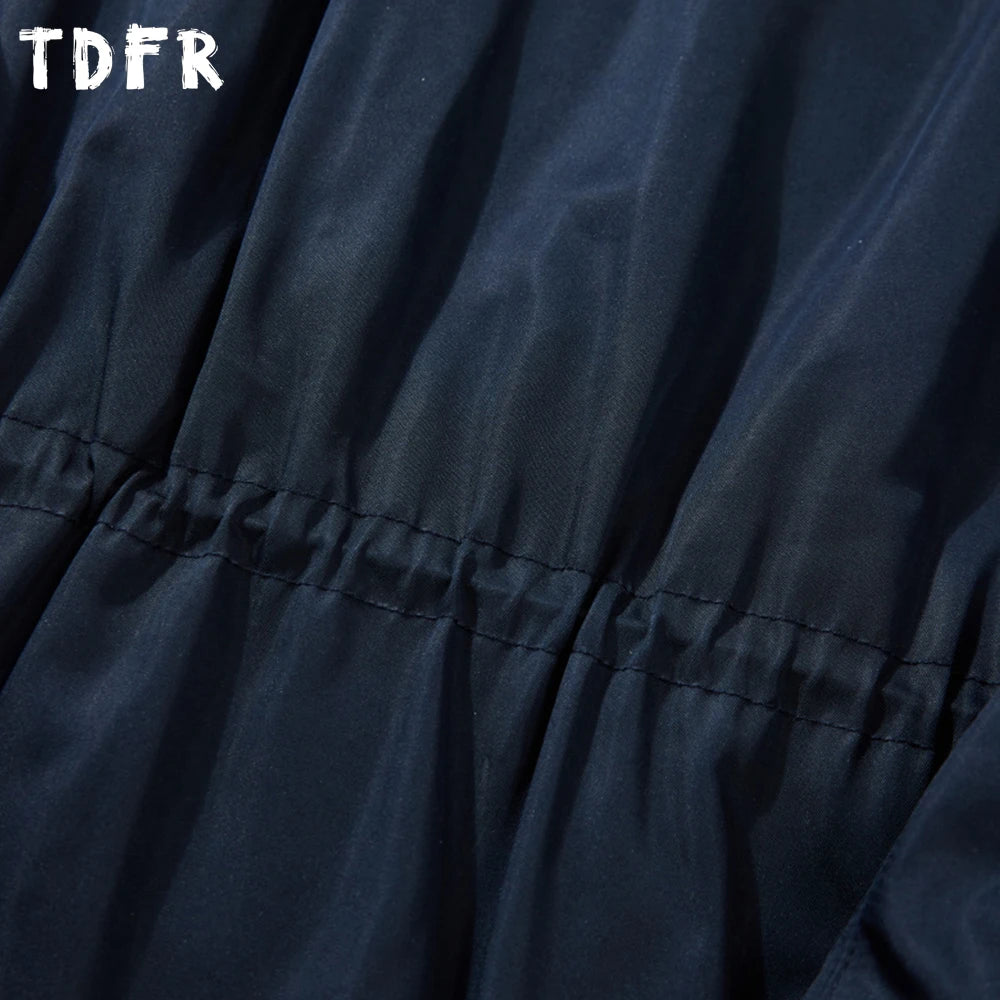 Multi-Pocket Cargo Jacket Mens Solid Color Retro Spliced Lapel Single Breasted Raglan Sleeve Trench Coat Man