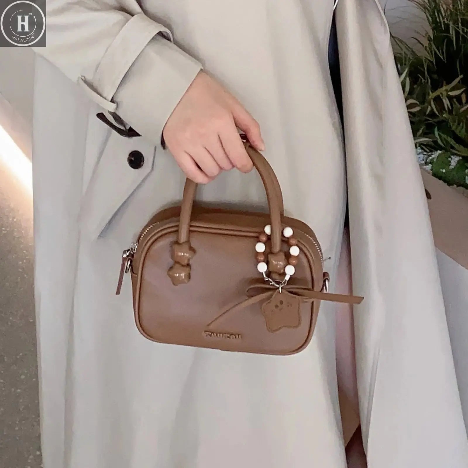 TOUTOU Brown Bowling Bag Y2K Retro Women's Crossbody Bag PU Leather boston bag Mini Handbag Solid Color Commuting Purse HALALZEN