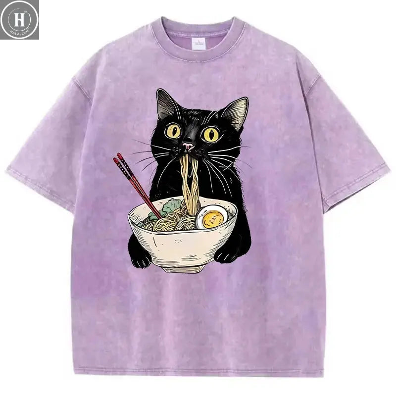 Unisex Hip Hop T Shirt Vintage Washed 100% Cotton T-Shirt Black Retro Cat Eating Ramen Graphic Tee Casual Streetwear HALALZEN