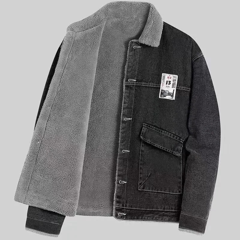 Men's Winter Denim Jaet Lamb Velvet Warm Fur Collar Cotton Workwear Jaet Slim Fit Korean Sle Youthful Long Sve Zipper