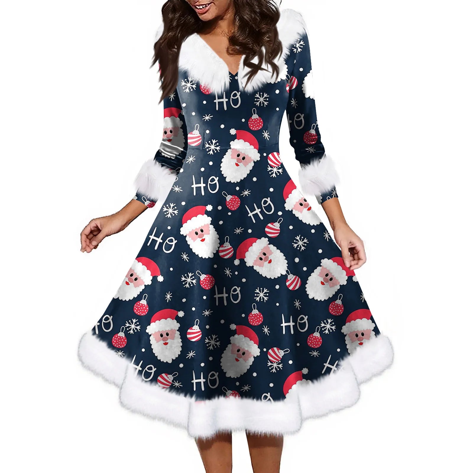 Women'S Fashion V-Neck Casual Fit Christmas Print Party Long Sleeve Dress Elegant Dresses