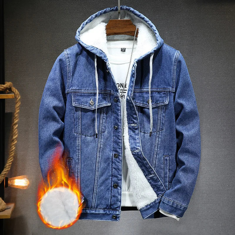 Hooded Denim Jacket Men's Retro Jacket Autumn and Winter Coat Hooded Plus Velvet Windbreaker Thickened and Warm for Men