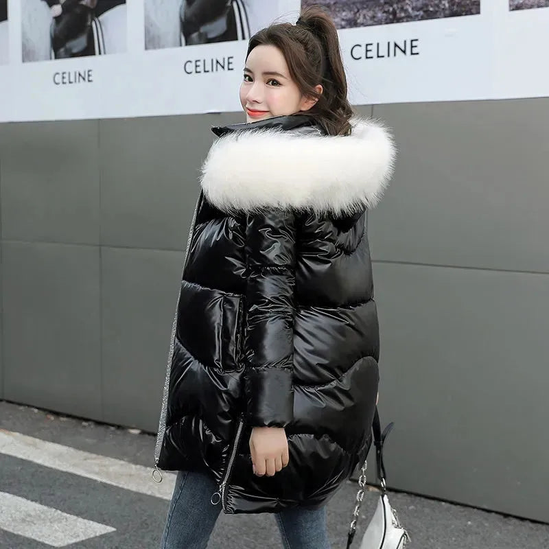 2024 New Women Jacket Winter Parkas Long Coat Fur Collar Hooded Glossy Overcoat Female Cotton Padded Parka Waterproof Outwear