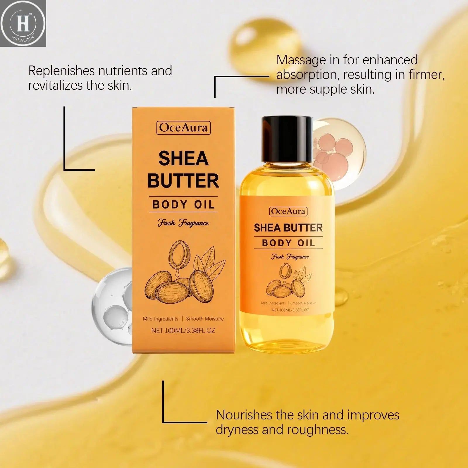 100% Natural Shea Butter Massage Oil Intense Moisture for Dry Skin Lightweight & Fast Absorbing All Skin Types Stretch Mark Care HALALZEN