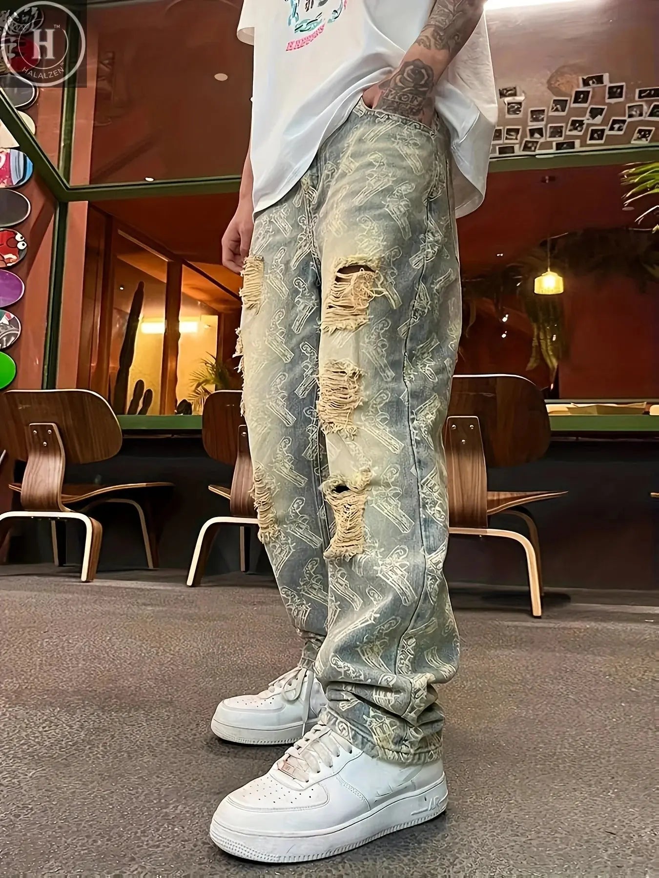 American-Style Street Washed Distressed Ripped Jeans for Men, Spring and Autumn Straight-Leg Loose European and American High Street Vibe Long Pants Halalzen UK