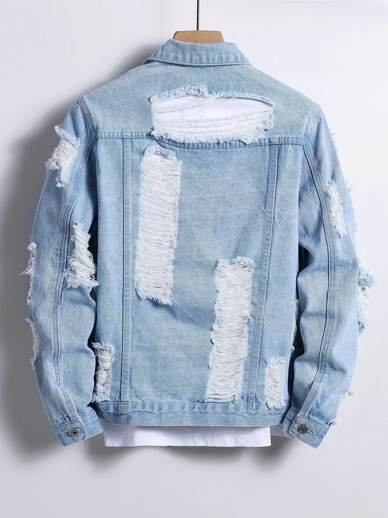 Men's denim jacket for spring and autumn. Light blue ripped denim jacket. Street trend style. Daily casual.