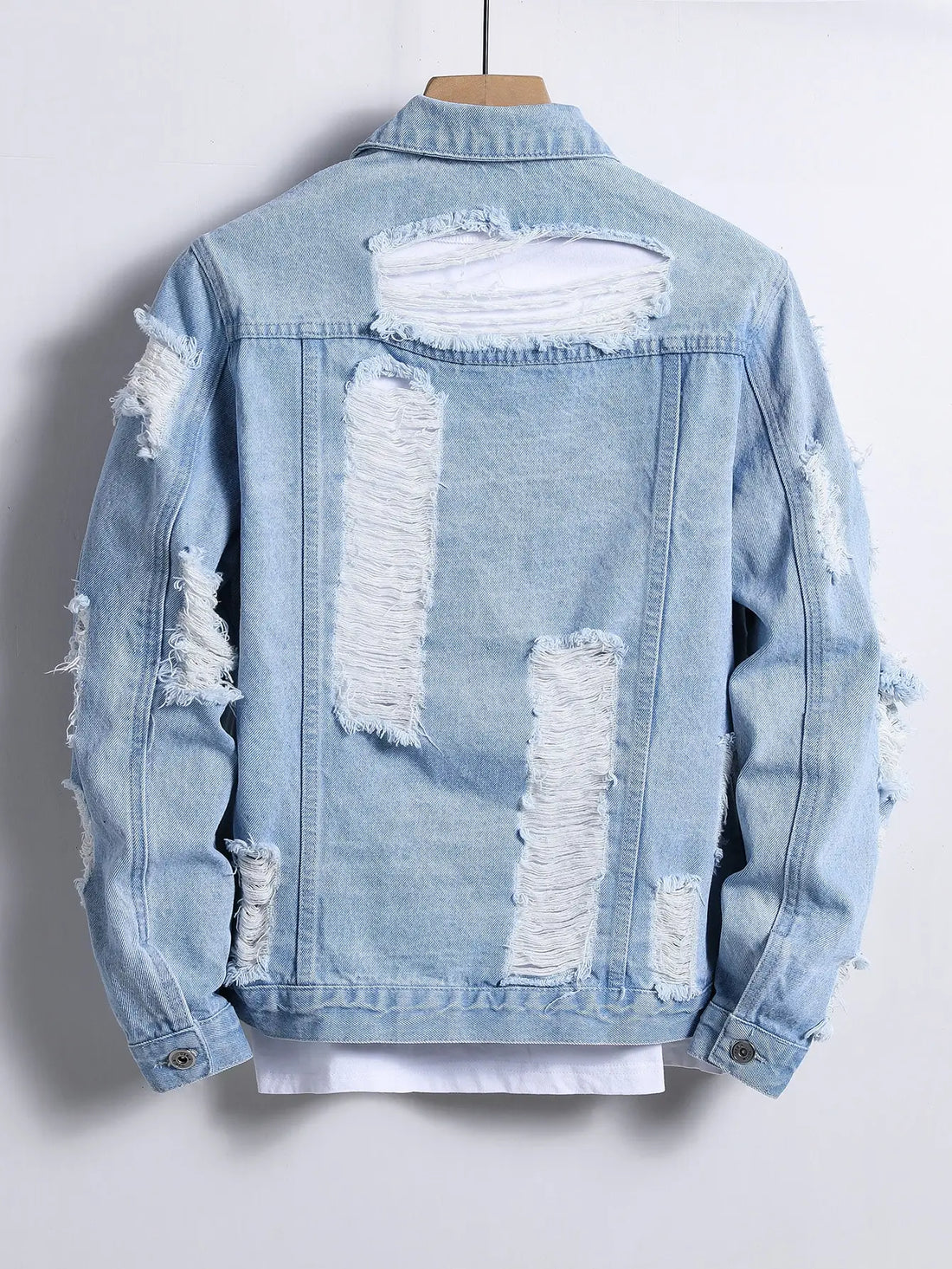 Men's denim jacket for spring and autumn. Light blue ripped denim jacket. Street trend style. Daily casual.