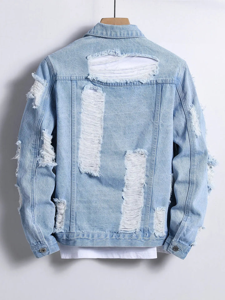 Men's denim jacket for spring and autumn. Light blue ripped denim jacket. Street trend style. Daily casual.