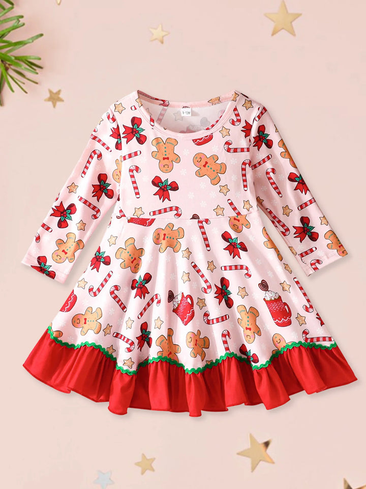 Toddler Baby Girl Christmas Dress Long Sleeve Crew Neck Gingerbread Man Cane Candy Print Dress