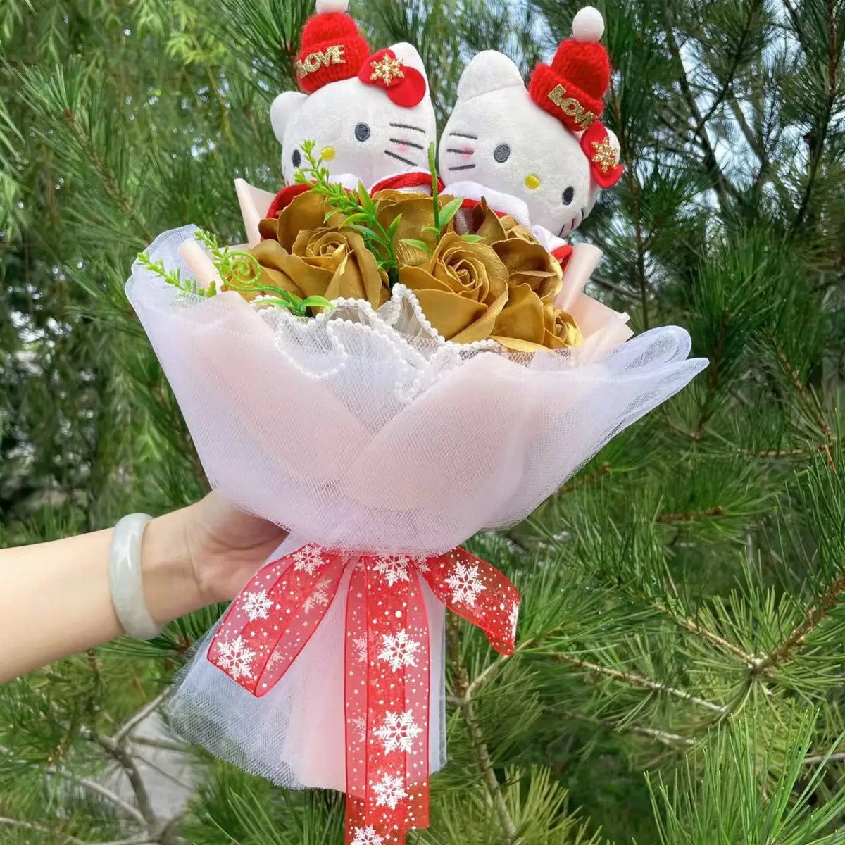 Kawaii Hello Kitty Cat Dolls With Artificial Flowers Creative Sanrio Bouquet Christmas Valentine Birthday Graduation Gifts