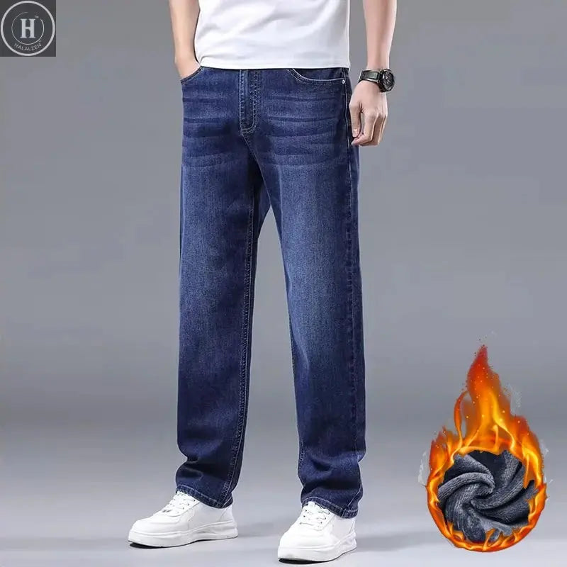 Men New Fleece Lined Thickened Jeans Male Winter Loose Straight Slim Fit Denim Pants High End Casual Elasticity Trousers HALALZEN