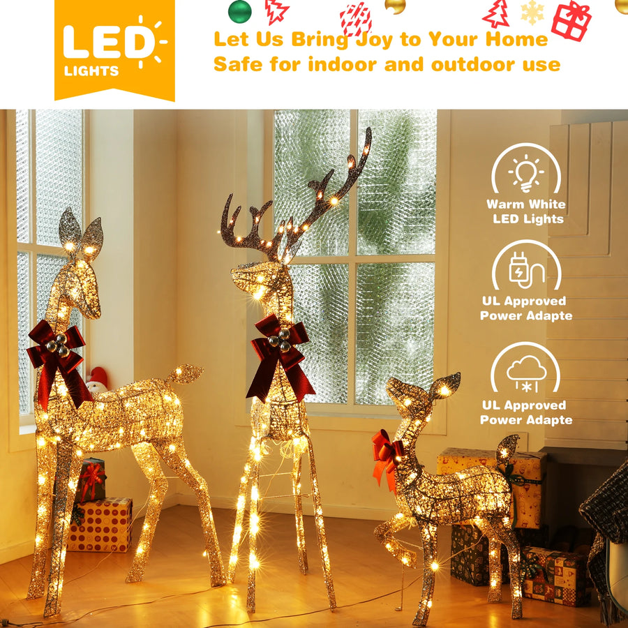 3-Piece Large Lighted Christmas Deer Family Set for Indoor Outdoor Front Yard Porch Holiday Decor with 210 Warm White LED Lights