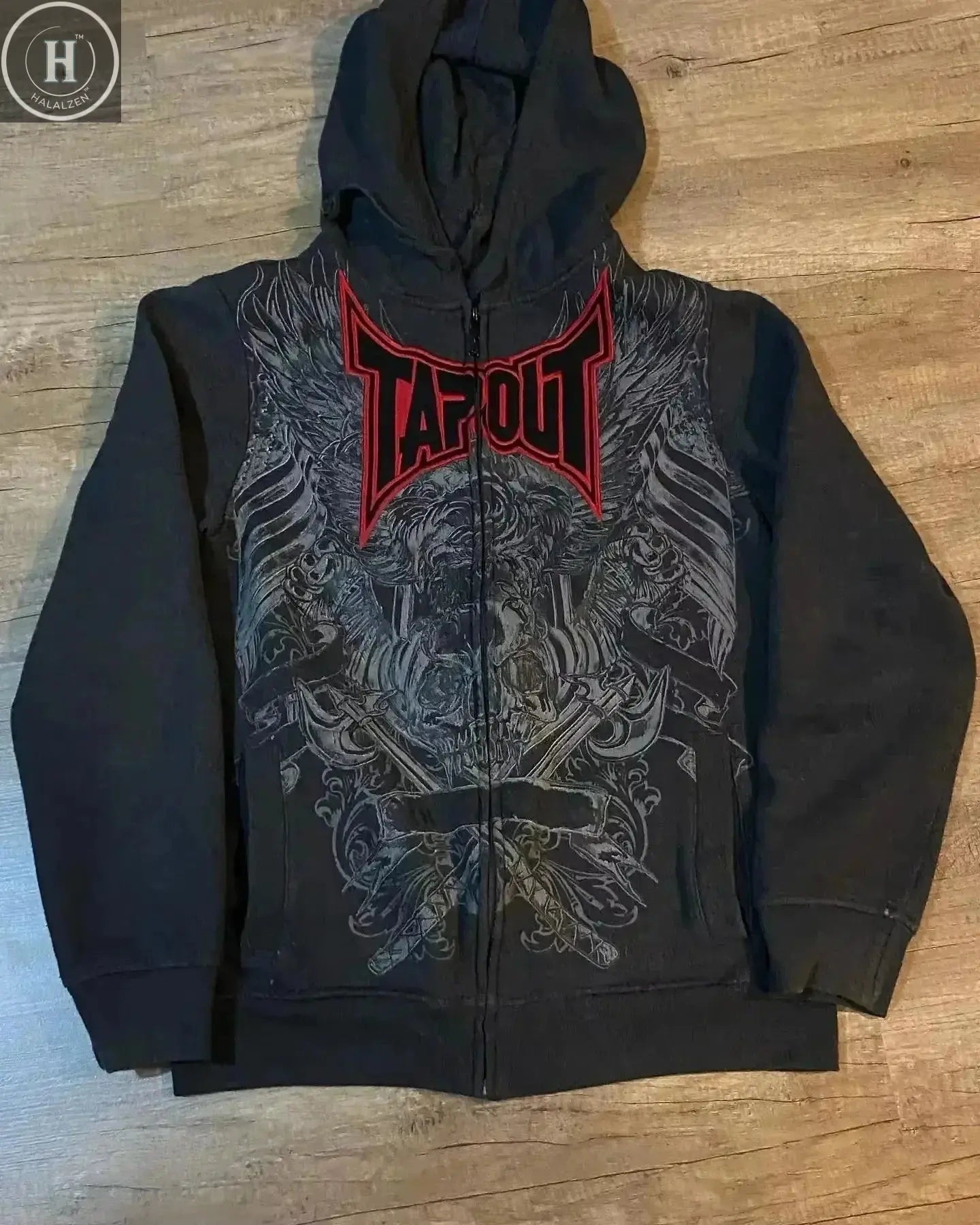 Y2K 2000s Tapout Pink & Black Grunge Angel Wings Spellout Zip Up Hoodie - Large HALALZEN