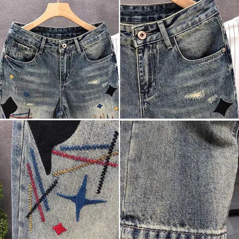 Japanese And Korean New Retro Men'S Jeans Embroidered Print Tapered Jeans Straight Leg Jeans Y2k Baggy Pants Halalzen UK