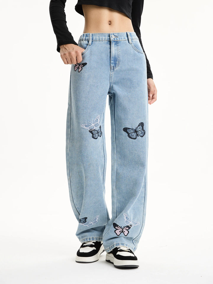 Medium and large girls teenager butterfly print loose wide-leg straight pants casual long versatile jeans