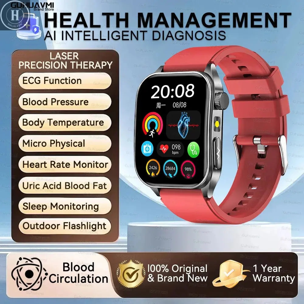 2026 New Health Smart Watch Laser Therapy Reduce Three Highs Blood Oxygen Pressure Uric Acid Blood Lipid ECG Smartwatch For Man HALALZEN