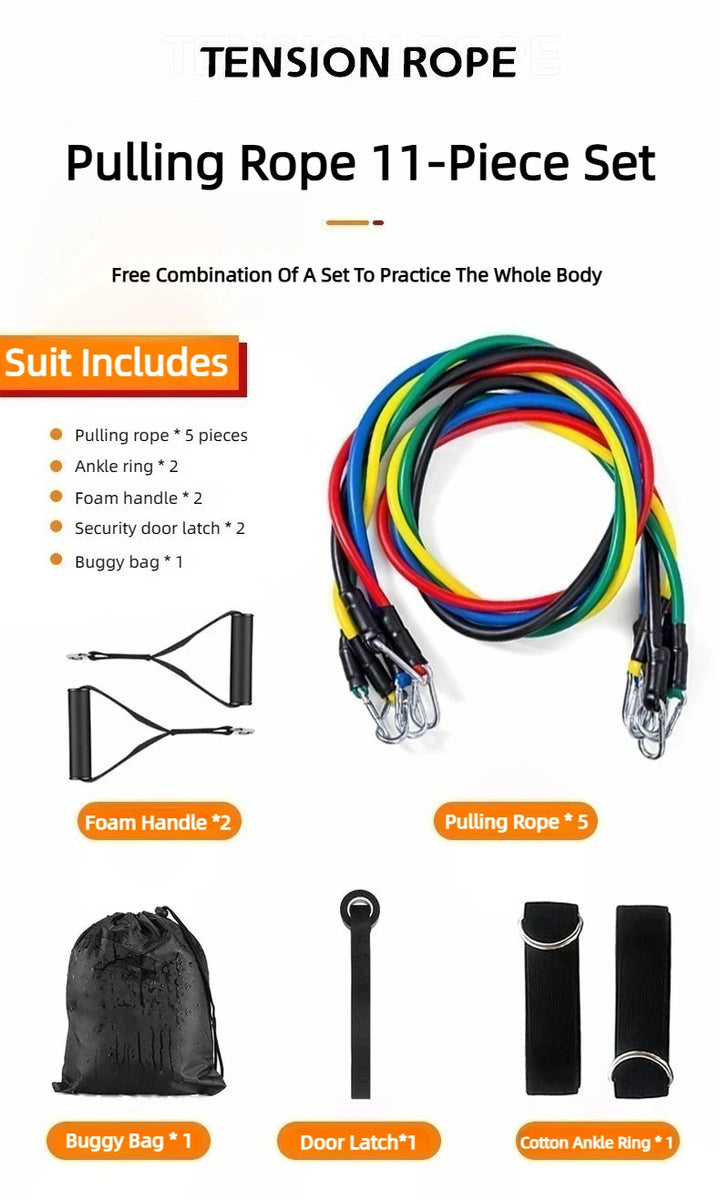 11pcs/Set Pull Rope Resistance Bands Portable Fitness Equipment Ankle Strap Chest Expander Elastic Exercise Band