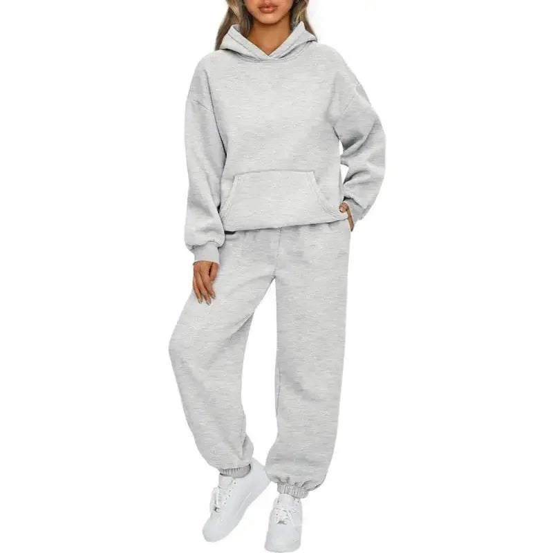 Fashionable Pure Color Autumn Winter Women's Two-Piece Set Casual Hoodie Sportswear Long Pants Ensemble Polyester Fiber