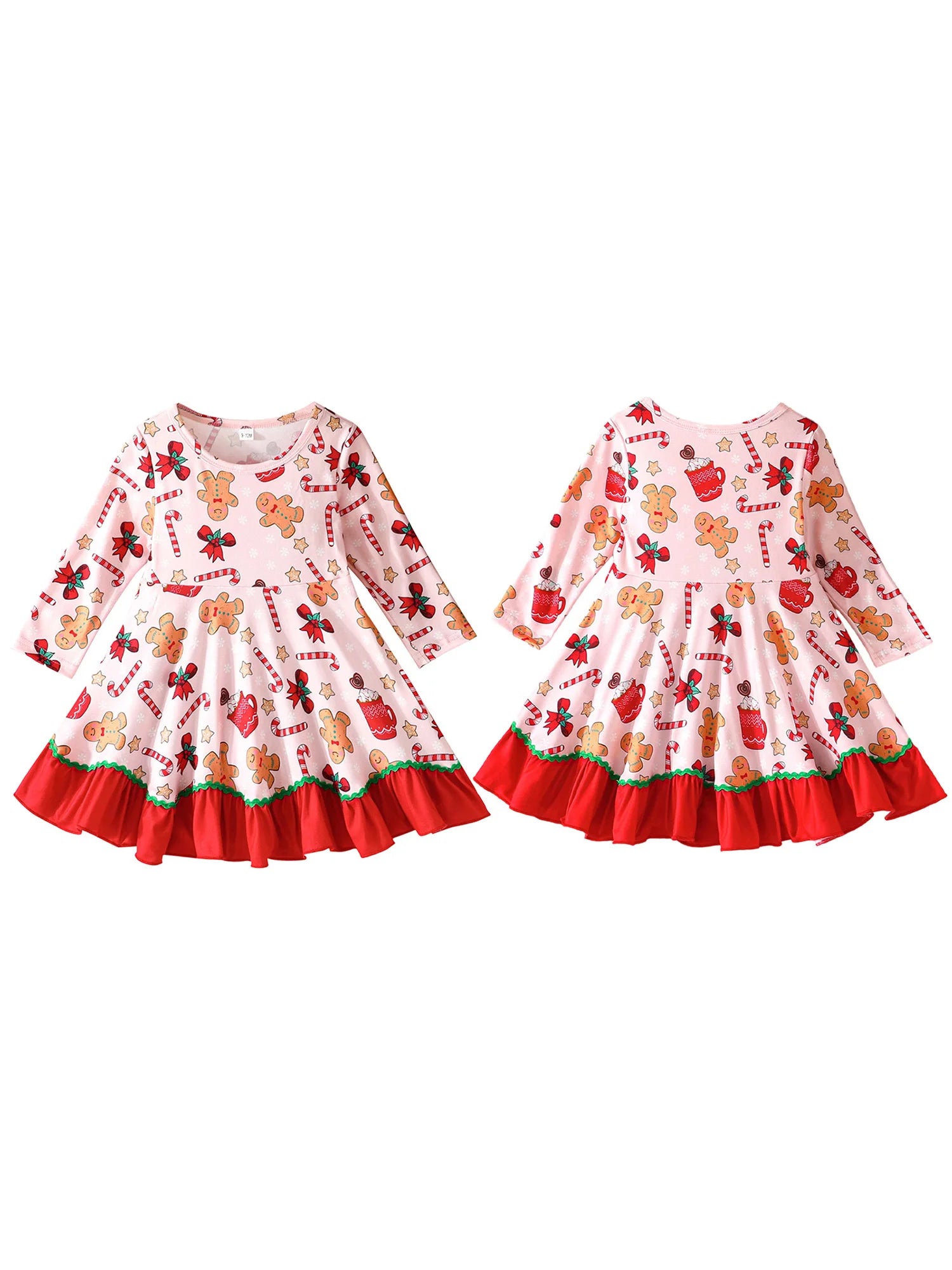 Toddler Baby Girl Christmas Dress Long Sleeve Crew Neck Gingerbread Man Cane Candy Print Dress
