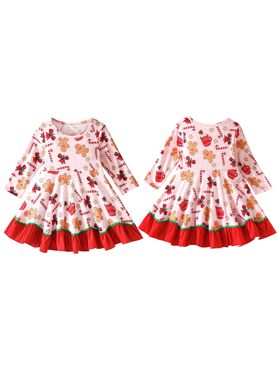 Toddler Baby Girl Christmas Dress Long Sleeve Crew Neck Gingerbread Man Cane Candy Print Dress