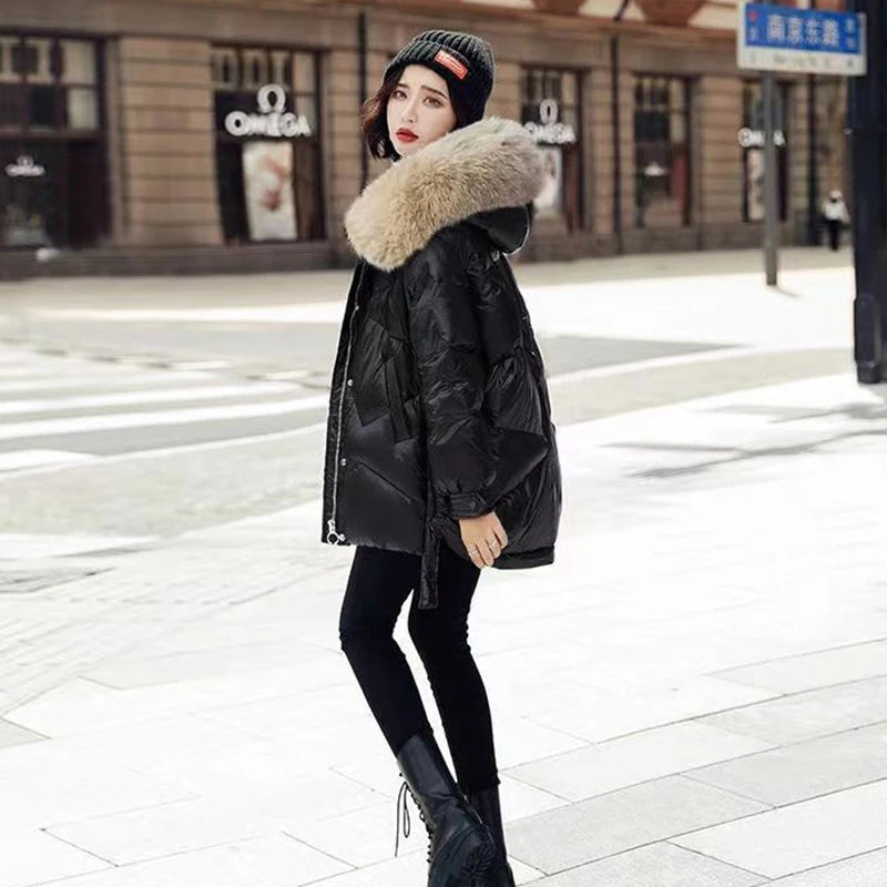 2023 Winter Down Cotton Jacket Women Casual Loose Thicken Warm Parkas Fur Collar Hooded Overcoat Wine Red Waterproof Coat Female