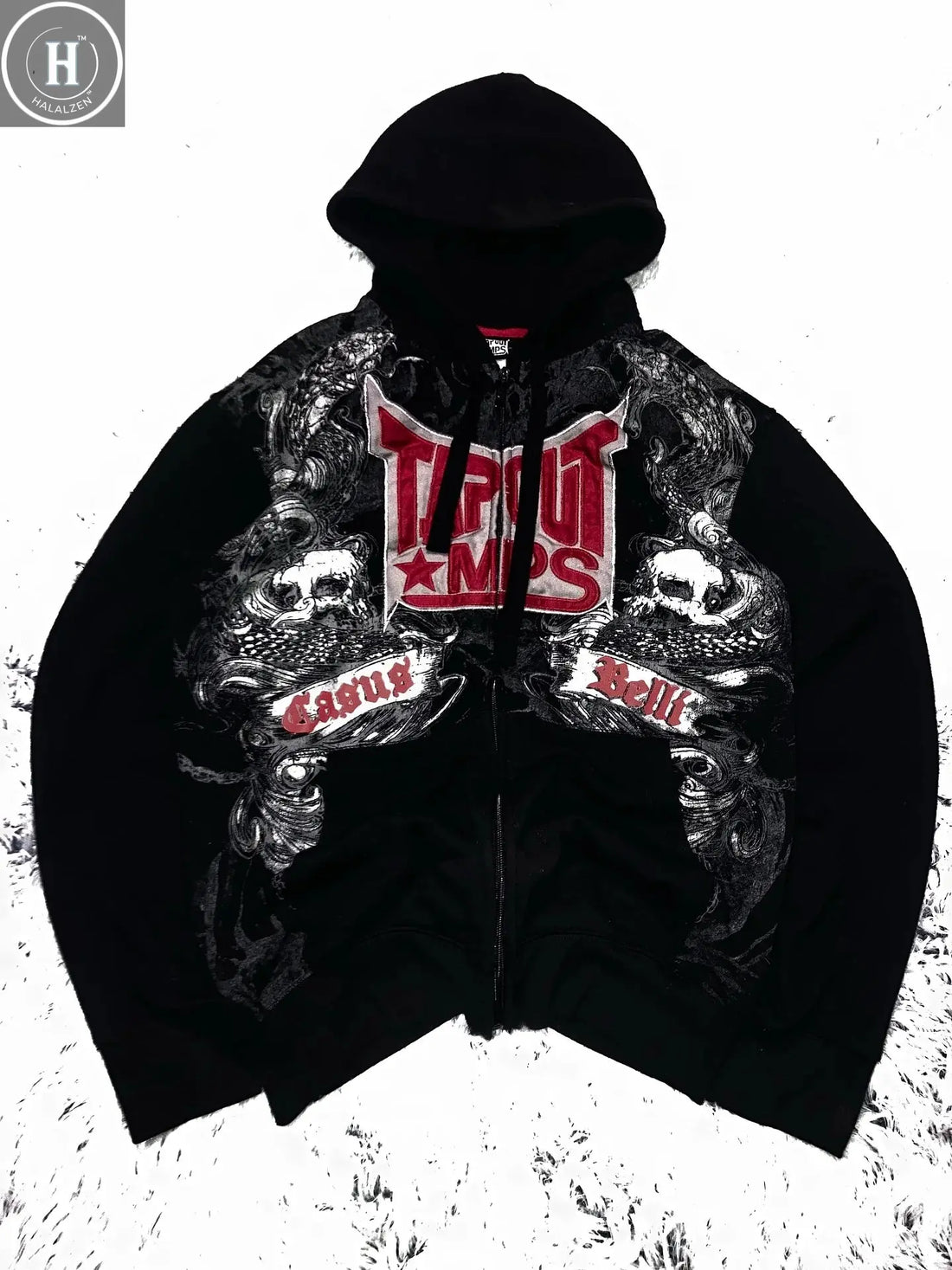 Y2K 2000s Tapout Pink & Black Grunge Angel Wings Spellout Zip Up Hoodie - Large HALALZEN