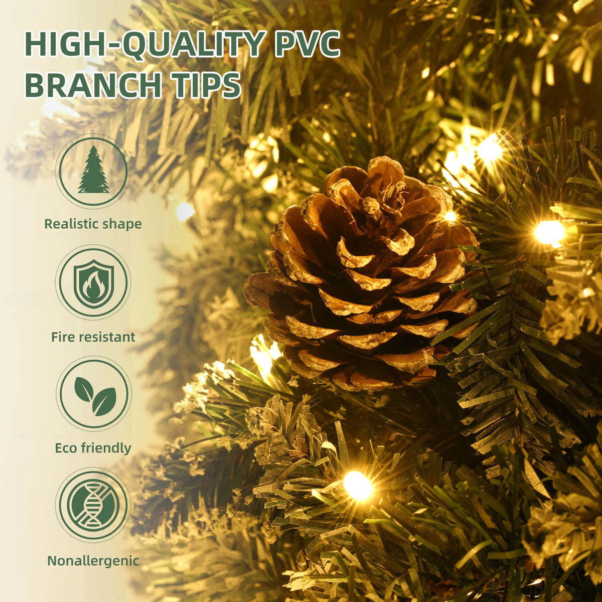 7.5 Ft Pre-Decorated Pencil Christmas Tree Holiday Tree w Clear Lights Pine cones 955 PVC Flocked Frosted Tips 400 LED Lights