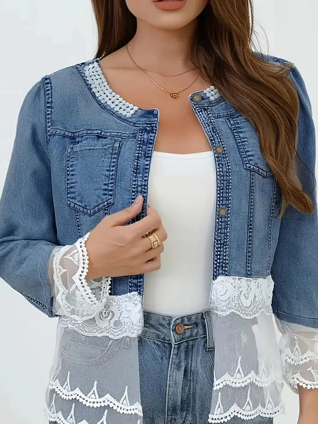Plus Size Women's Short Denim Jacket Pearl Lace Design Elegant Comfortable Oversized Ladies' Jeans Jacket Halalzen UK